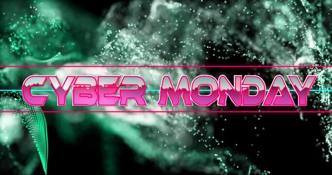Bold pink Cyber Monday text on abstract green and black animation background