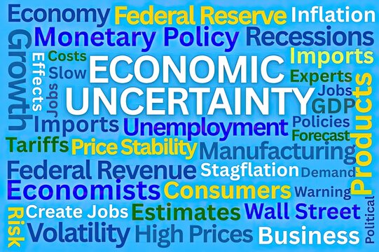 Economic Uncertainty Word Cloud on Blue Background
