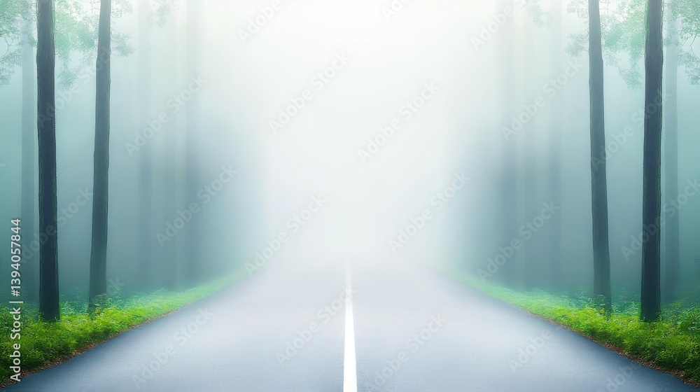Poster a fog-covered road through a dense forest, with tree trunks barely visible through the mist, creatin