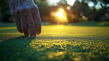 Elderly hand examines golf green at sunset