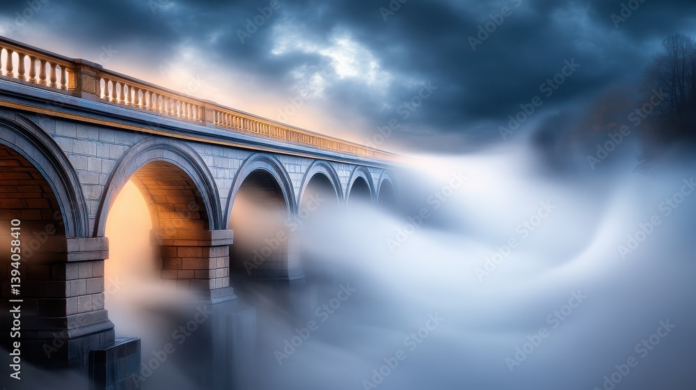 Poster a mystical fog descending over an ancient stone bridge, with the mist curling through the arches and