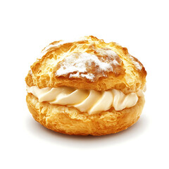 Fluffy and golden cream puffs with a light, airy texture and smooth cream filling, isolated white background