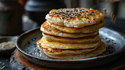 Golden brown fluffy pancakes stacked on rustic plate