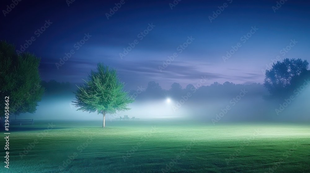 Poster a quiet field covered in dark fog, with only the faintest hints of trees and structures visible.