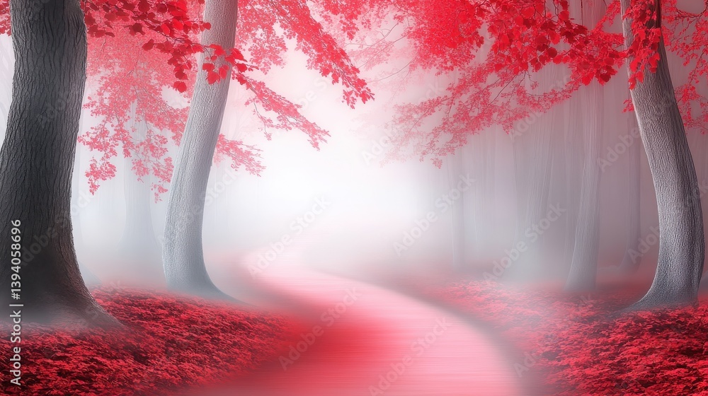 Poster a quiet forest path obscured by red fog, with the light filtering through the mist in an ethereal wa