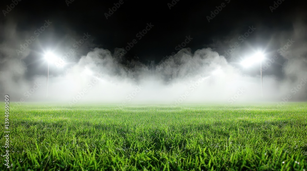 Poster a smoky atmosphere shrouding an empty field at night, with fog rolling over the grass and creating a