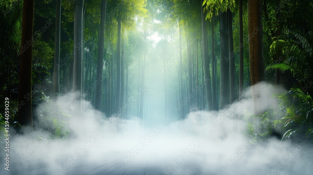 Poster a smoky atmosphere surrounding a dense forest, with mist swirling between the trees and creating a m