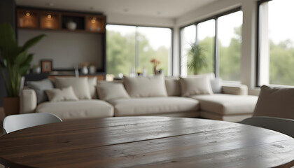 Fototapeta premium Wooden table, empty table, living room background. Minimalist style room. Clean studio. simple interior. Minimal room. sunlight, wooden floor,white wall, beige wall. good for key up.