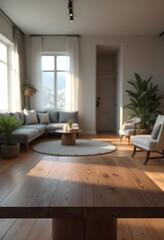 Wooden table, empty table, living room background. Minimalist style room. Modern home, Scandinavian, warm simple interior. Minimal room. sunlight, wooden floor,white wall, beige wall. good for key up.