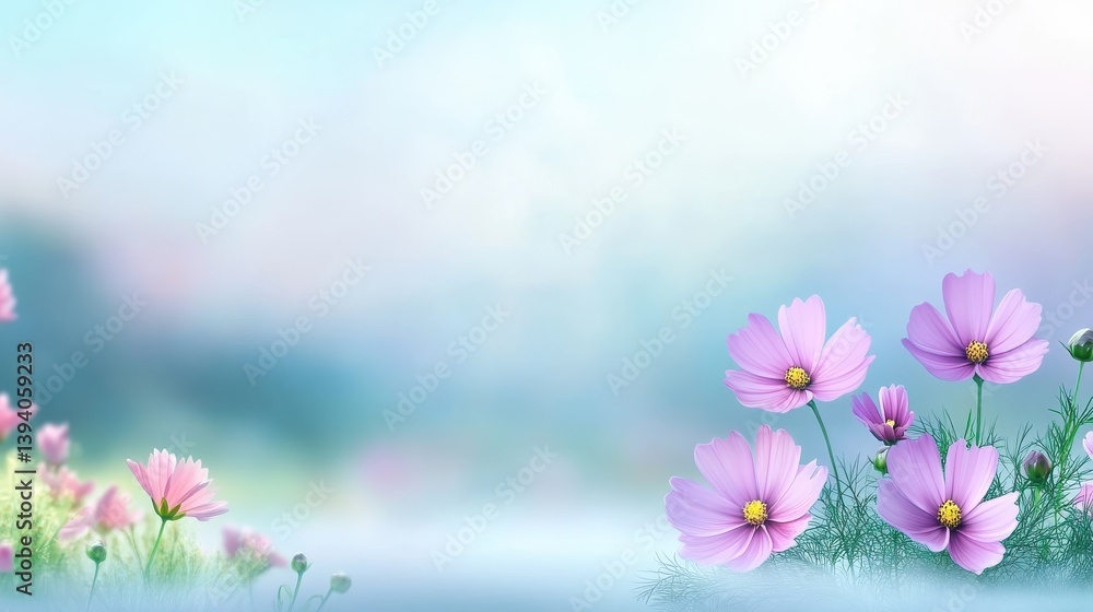 Aufkleber a soft mist hanging over a field of flowers, creating a gentle and calming atmosphere.