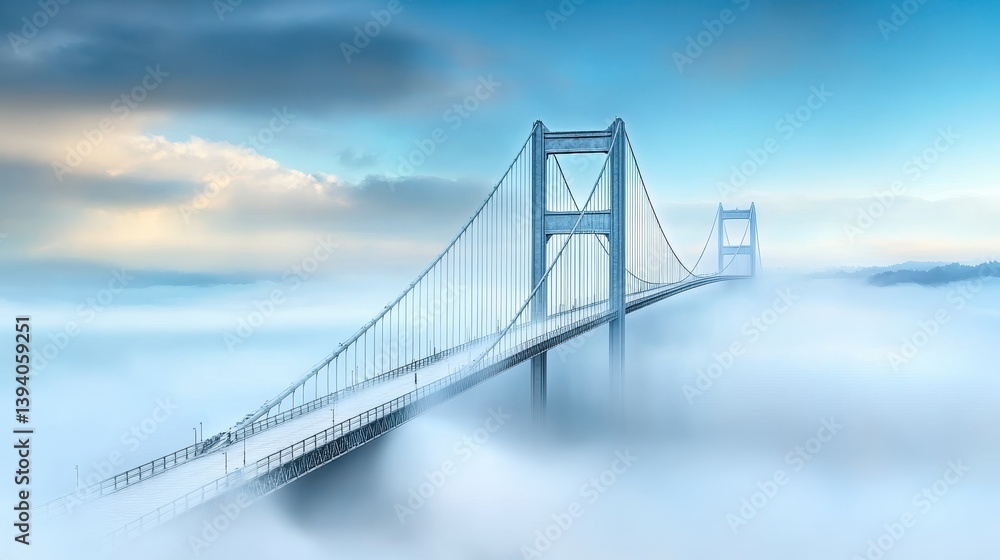 Poster a bridge disappearing into thick fog, with the structure barely visible through the mist, creating a