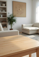 Fototapeta premium Wooden table, empty table, living room background. Minimalist style room. Clean studio. simple interior. Minimal room. sunlight, wooden floor,white wall, beige wall. good for key up.