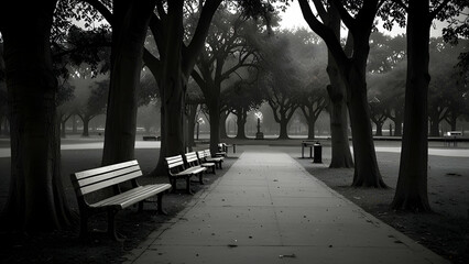 Serene Park Scene with Misty Ambiance