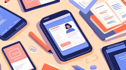 Digital learning resources on various devices.  Multiple tablets, smartphones, and notebooks with digital content and profile views