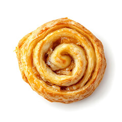 Fluffy and golden Danish pastries with a light, flaky texture and rich filling, isolated white background