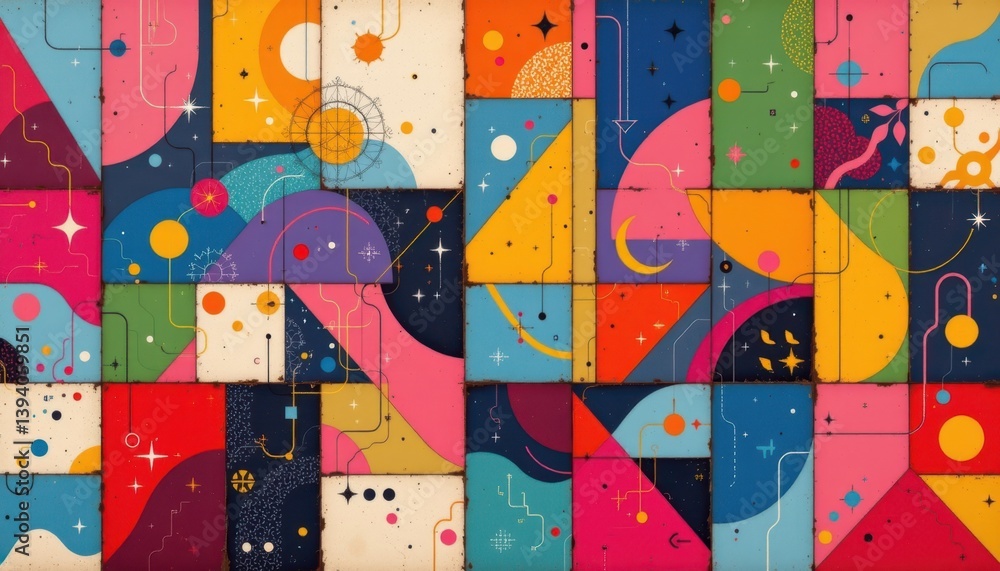 Aufkleber a colorful patchwork of geometric forms arranged in a dynamic composition.