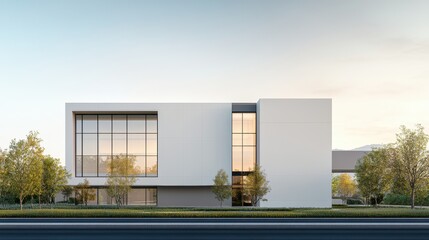 Modern architectural design featuring sleek lines and expansive glass windows, set against a serene landscape during sunset.