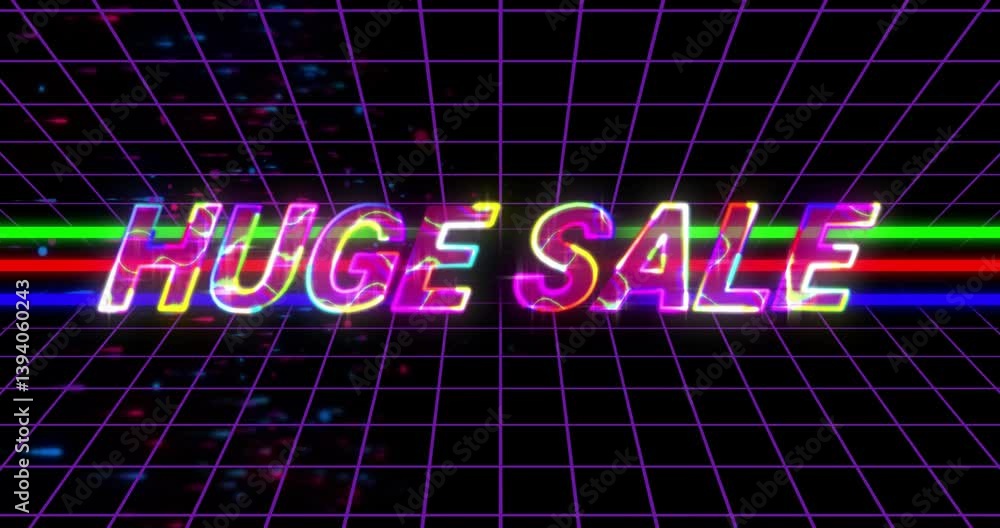 Poster animation of retro neon huge sale text with grid background and colorful lights