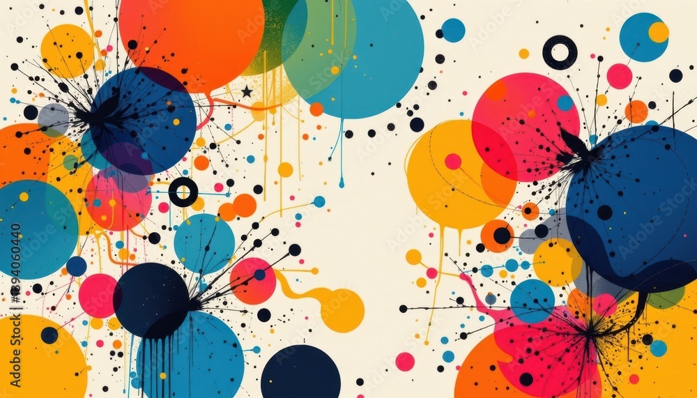 Poster dynamic circular shapes and splashes creating a vibrant composition.