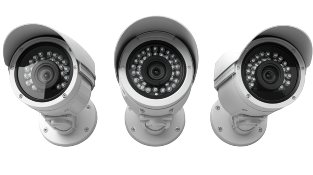 Three security cameras mounted on walls, showcasing advanced surveillance technology in a modern setting