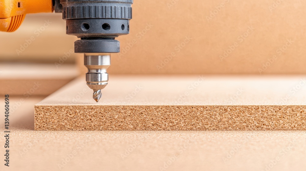 Aufkleber precision cutting of chipboard, close-up on a cutting tool designed for sheet material processing an