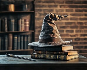 Wizard Hat Resting on Books with Magic Wand in Library Setting