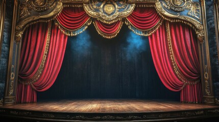 A pair of velvet red theatre curtains drawn to the sides, revealing a darkened stage 