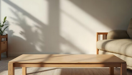 Wooden table, empty table, living room background. Minimalist style room. Modern home, Scandinavian, warm simple interior. Minimal room. sunlight, wooden floor,white wall, beige wall. good for key up.