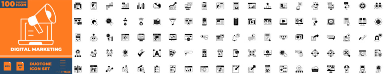 Digital Marketing Duotone Editable Icons set. Vector illustration in modern thin duotone style of digital marketing icons: content, website, social media, etc