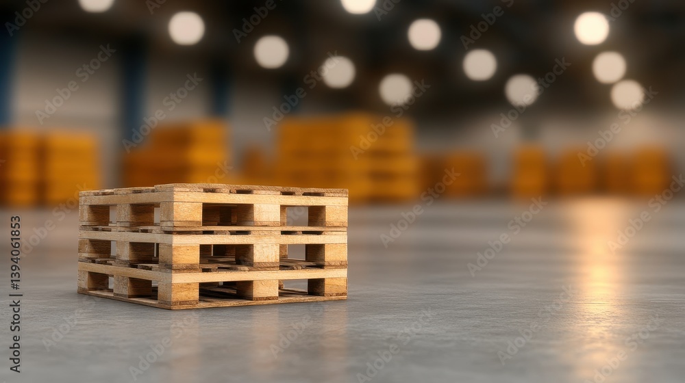 Poster a close-up view of a wooden pallet in an empty warehouse, highlighting its structure and surrounding