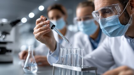 Dedicated scientists engaged in precise chemical experiments, utilizing pipettes and test tubes for research and discovery in the laboratory environment.