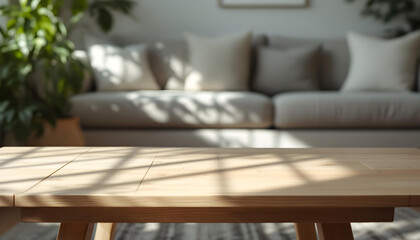 Wooden table, empty table, living room background. Minimalist style room. Modern home, Scandinavian, warm simple interior. Minimal room. sunlight, wooden floor,white wall, beige wall. good for key up.