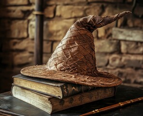 Sorting Hat on Antique Books with Wand for Wizard School Theme