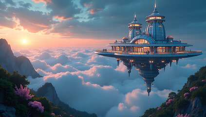 Obraz premium Floating City Surrounded by Mountains and Flowers Under a Warm Sunset