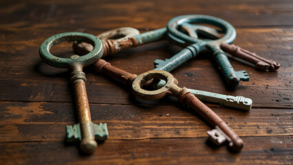 Ornate Vintage Keys on Wooden Surface