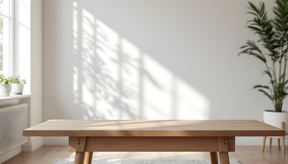 Wooden table, empty table, living room background. Minimalist style room. Modern home, Scandinavian, warm simple interior. Minimal room. sunlight, wooden floor,white wall, beige wall. good for key up.