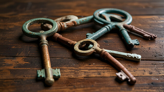 Ornate Vintage Keys on Wooden Surface