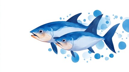 Playful Watercolor Illustration of a Group of Tuna Fish Swimming in Vibrant Blue Tones and Bubbles