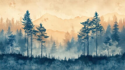 A serene landscape featuring tall trees and mountains in soft colors, evoking tranquility.