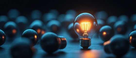 Bright glowing lightbulb among dark spheres, concept for new idea