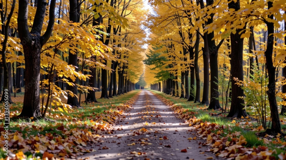 Poster a tranquil pathway lined with autumn-colored trees creates a serene atmosphere.