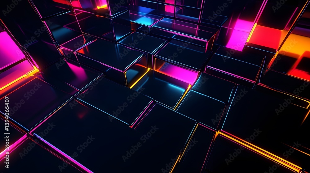 Poster colorful illuminated geometric abstract composition with three dimensional cubes