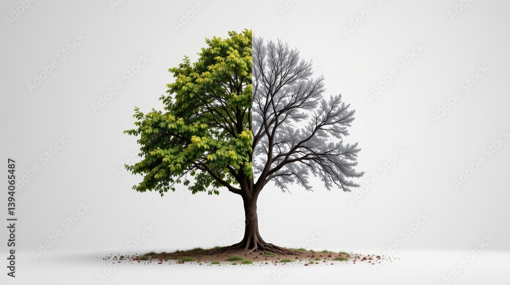 Poster tree illustrating the transition from winter to spring with bare branches and fresh leaves.