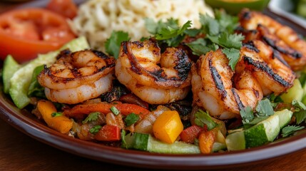 Fototapeta premium Close Up of Vibrant Fajitas Plate with Grilled Shrimp and Fresh Vegetables on a Wooden Table
