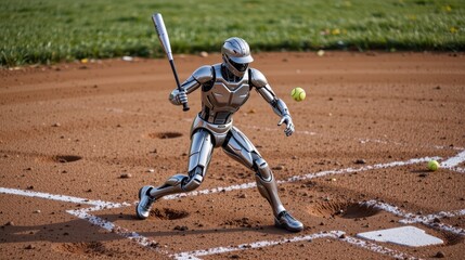 Robot batter swinging at a baseball on a dirt field.