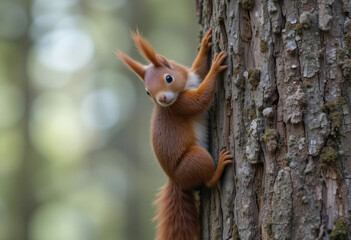 Fototapeta premium Red Squirrel Climbing Tree Trunk with Curious Expression in Forest Setting