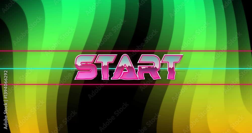 Poster neon colors creating retro animation text over wavy green and yellow background