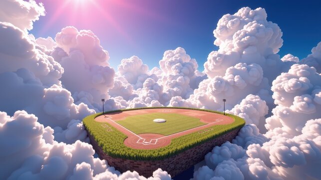 A floating baseball field nestled among fluffy clouds under a vibrant sky.