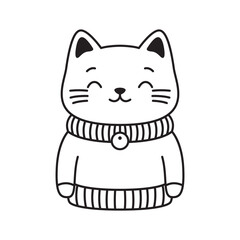 Happy Cute Kitten Little Cat Pet Animal Cartoon Character Wearing Sweater in Line Art Style
