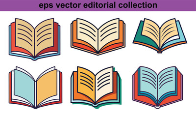 Colorful Open Books Vector Set Illustration, A vector collection of six colorful open books, ideal for education, reading, and knowledge-related design projects.
